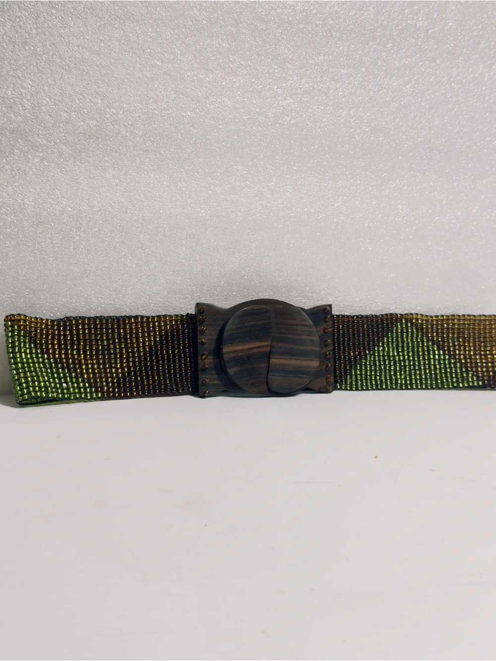 Beaded Multicolor Wide  Belt - Green, Brown, Gold Tones wood buckle